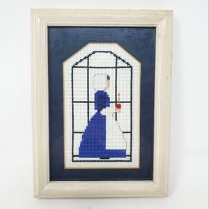 VTG Framed Blue Amish/Colonial Woman with Candle Cross-stitch Crewel Embroidery